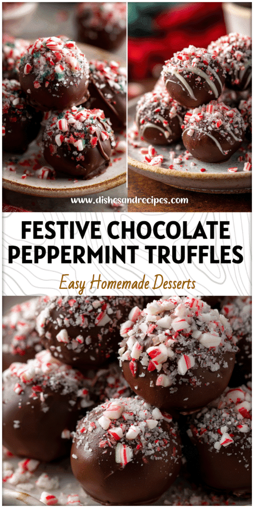 Round Chocolate Peppermint Truffle Balls coated in crushed peppermint candies on a holiday plate